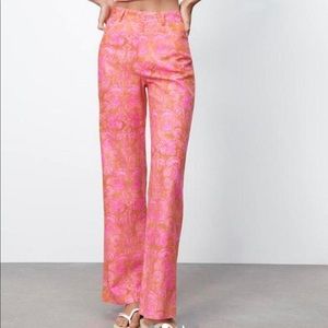 zara pink and orange paisley floral linen pants